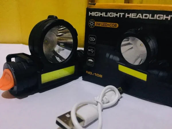 2 In 1 Headlight Torch Lamp – 3w Led+cob With Built-in Battery, Waterproof & Usb Charge – Model: 108