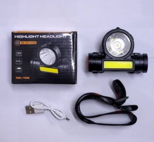 2 In 1 Headlight Torch Lamp – 3w Led+cob With Built-in Battery, Waterproof & Usb Charge – Model: 108