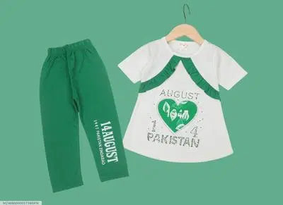 14 august dress for kids |2 Pcs Girl's Blended Printed Frock And Trouser Set