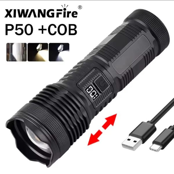 Most Powerful P50 Flashlight Flash Light 5 Modes Usb Zoom Led Torch Built-in 18650 Battery Camping, Fishing