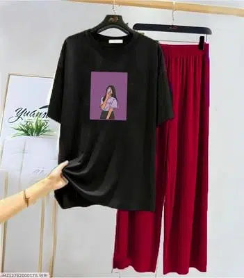 women night suit | 2 Pcs Women's Stitched Cotton Jersey Printed Night Suit