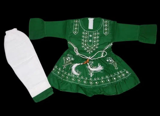 2 Pcs Girl's Cotton Embroidered Frock And Trouser Set
