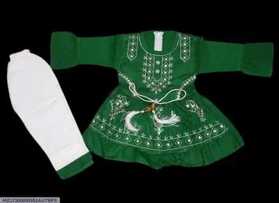 2 Pcs Girl's Cotton Embroidered Frock And Trouser Set