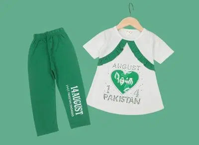 14 august dress for kids |2 Pcs Girl's Blended Printed Frock And Trouser Set