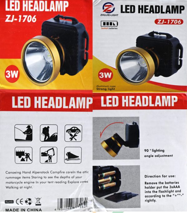 Led Head Lamp With 90° Degree Lighting Angle Adjustment For Fishing, Hunting, Camping, Cycling, Forearm Equipment – Model: Zj-1706 3w