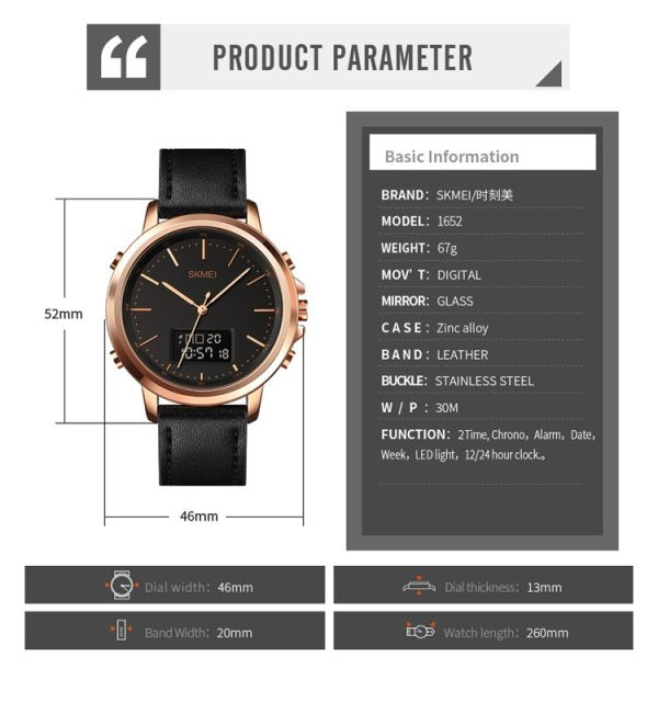 Skmei Men’s Fashion Digital Watch Analog Leather Multifunctional Waterproof Men’s Watch 1652 | Skemi Men Digital Analog Watch – Without Box
